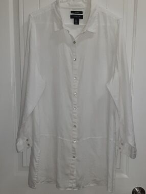 Tahari White 100% Linen Convertible Tunic Shirt Plus Size 1X Mother of Pearl EUC